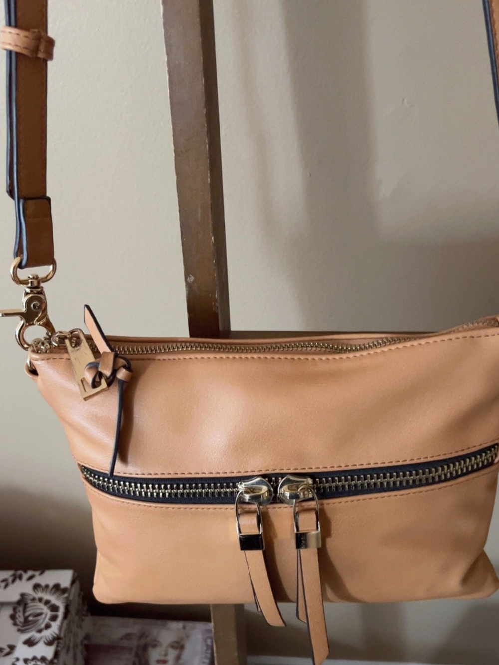 Sondra Roberts Tan Crossbody Bag with Front Zip Pocket